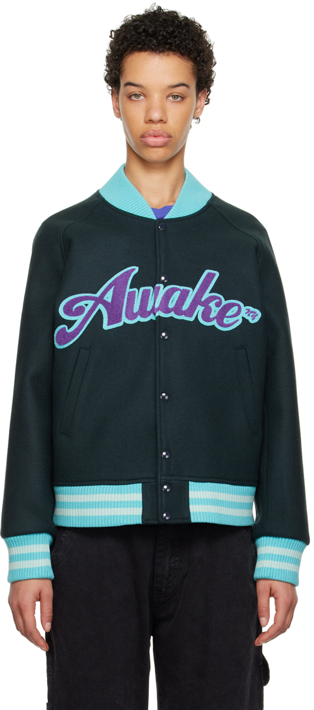 Gray Embroidered Varsity Jacket by Awake NY on Sale