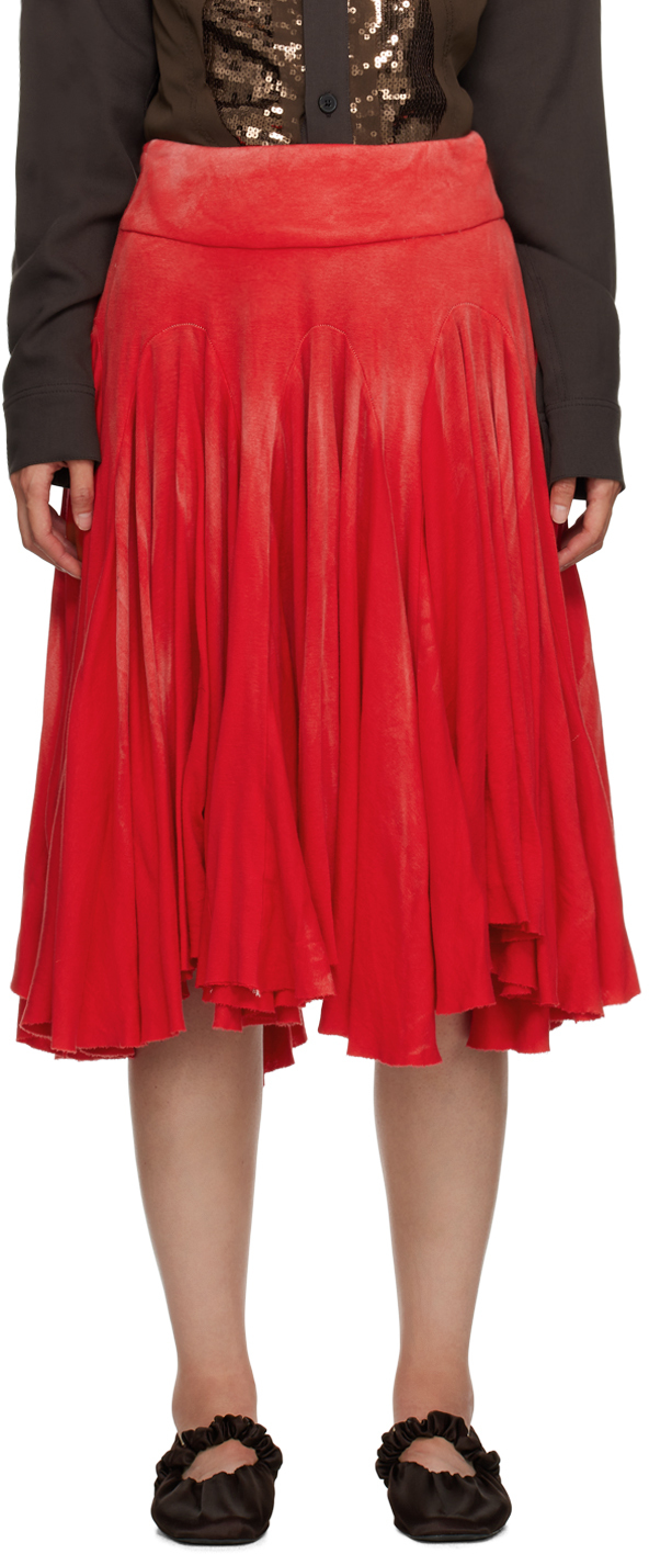 Red Gathered Midi Skirt