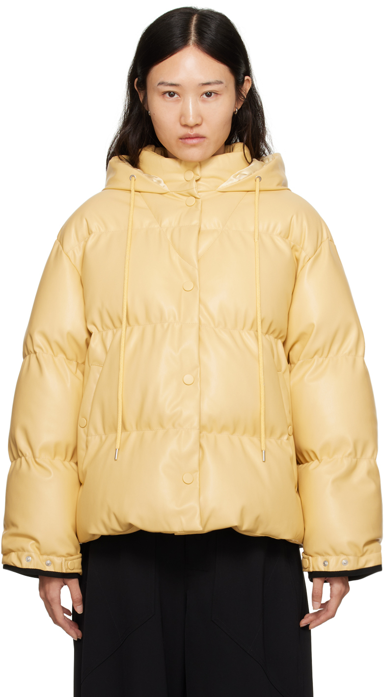 Yellow Press-Stud Faux-Leather Puffer Jacket