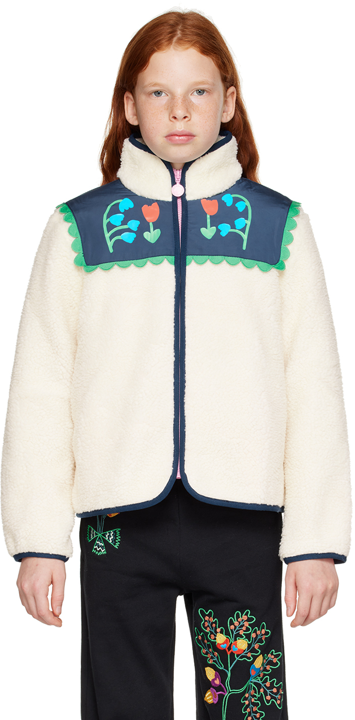 Stella Mccartney Girls Ivory Kids Folk Flower-embroidered Teddy Recycled-polyester Jacket 4-14 Years In Cream