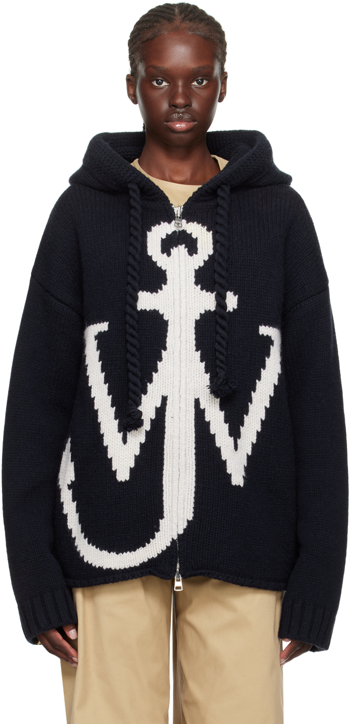 Jw Anderson Logo Jacquard Wool Knit Zip Front Hoodie In Black