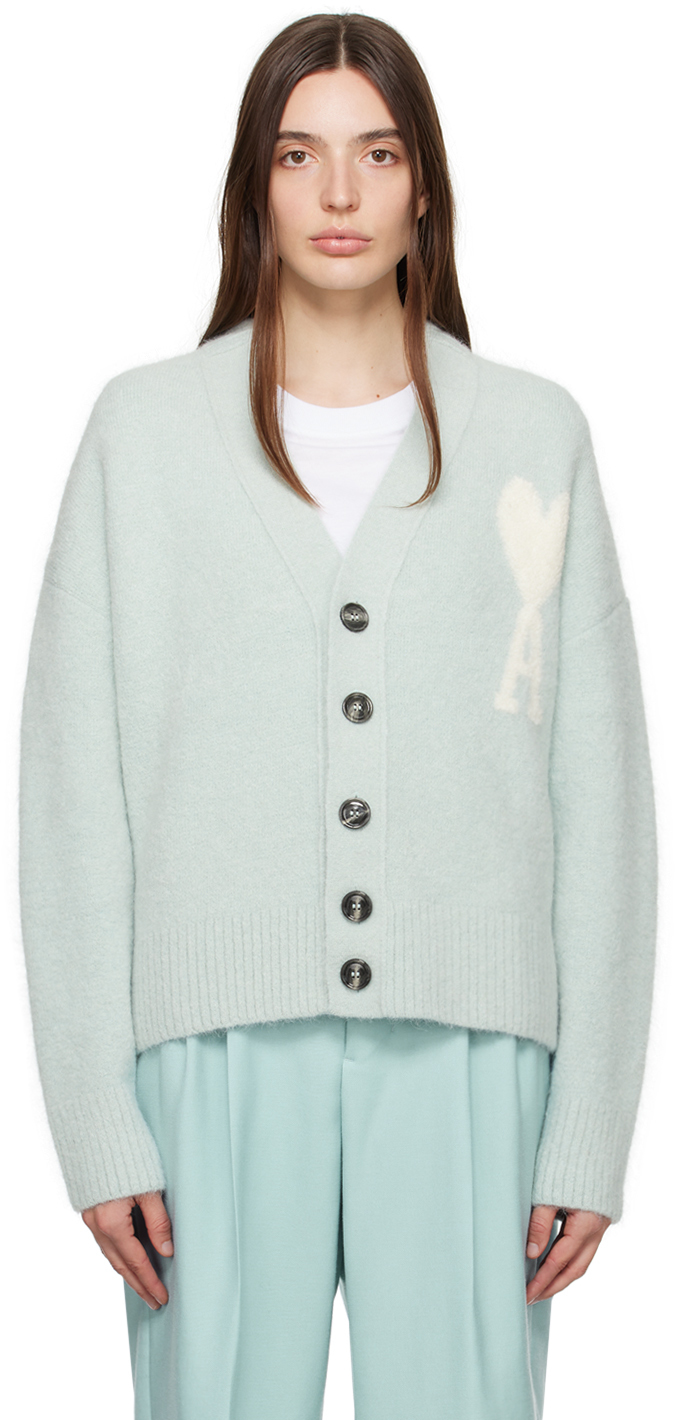 Shop Ami Alexandre Mattiussi Blue Brushed Ami De Cœur Cardigan In Aquamarine/ivory/482