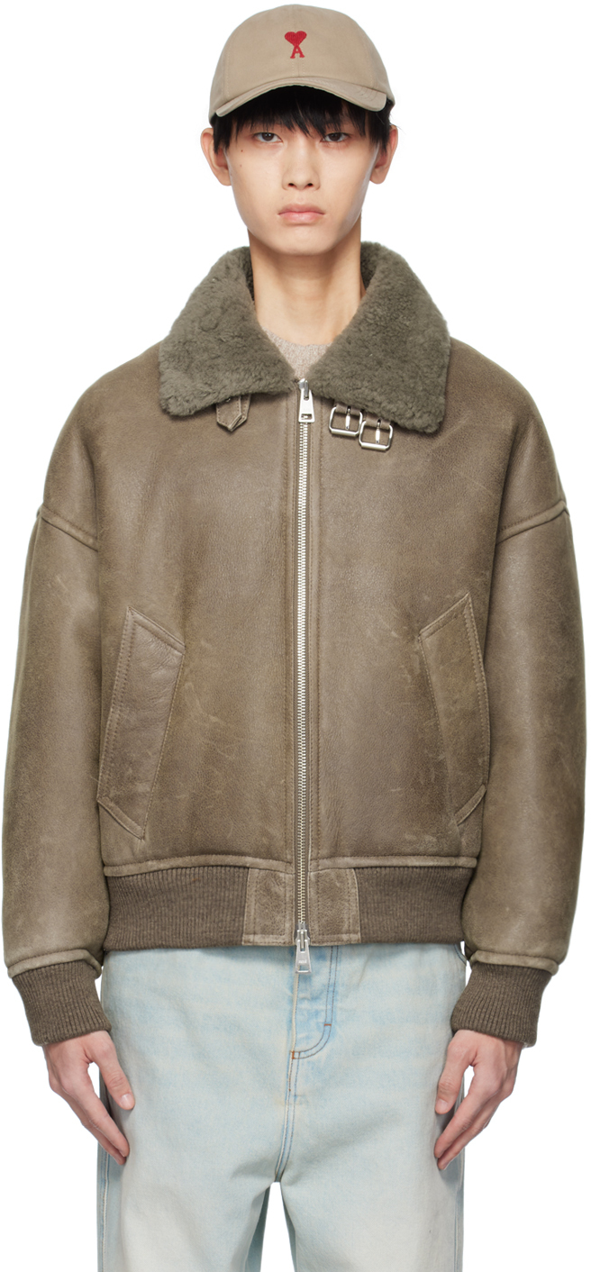 AMI ALEXANDRE MATTIUSSI TAUPE BUCKLE SHEARLING BOMBER JACKET