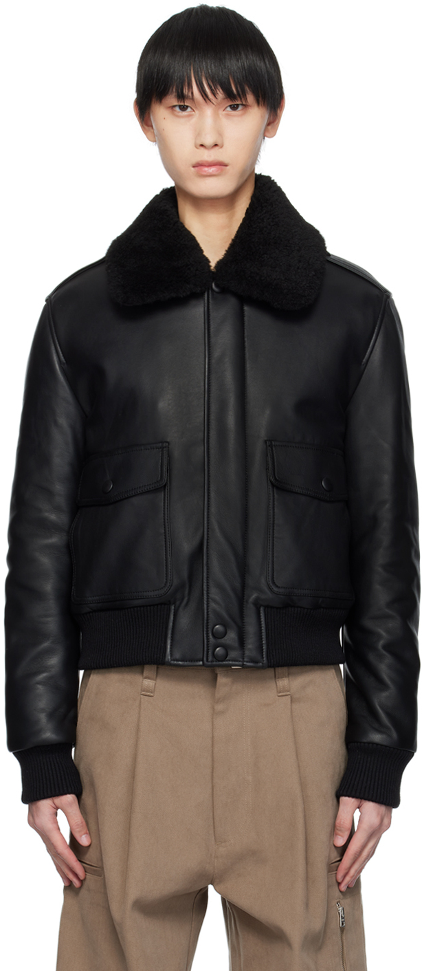 Ami Alexandre Mattiussi Black Padded Leather Bomber Jacket In Black/001