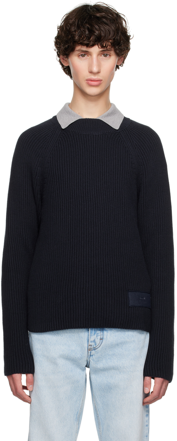 AMI Paris: Navy Logo Patch Sweater | SSENSE