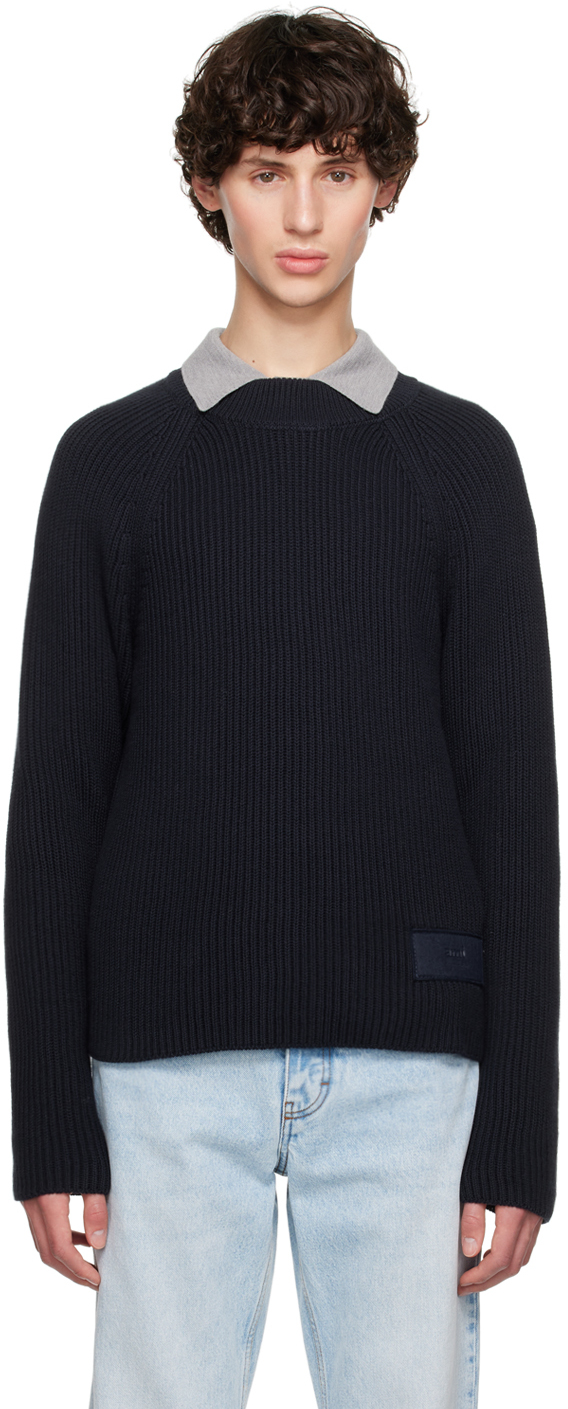 Shop Ami Alexandre Mattiussi Navy Logo Patch Sweater In Night Blue.430