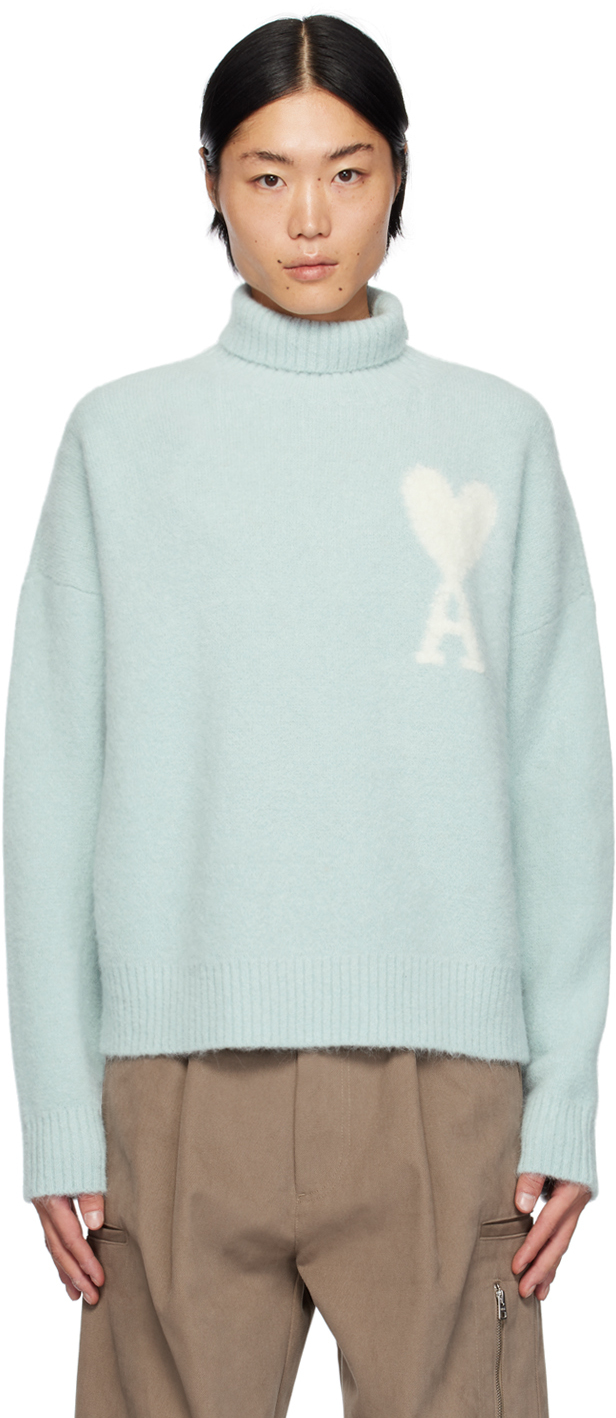 Ami Alexandre Mattiussi Blue Ami De Cœur Turtleneck In Aquamarine/ivory/482