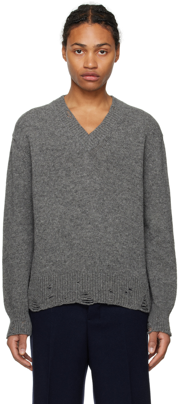 Ami Alexandre Mattiussi Gray Distressed Sweater In Heather Grey/087