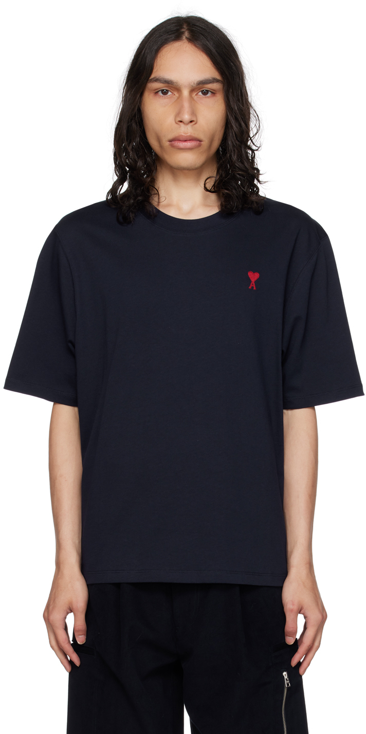 AMI Paris: T-shirt bleu marine à logo Ami de cœur | SSENSE France