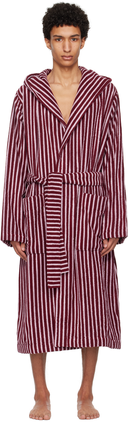Tekla Striped Organic Cotton Bathrobe In Red