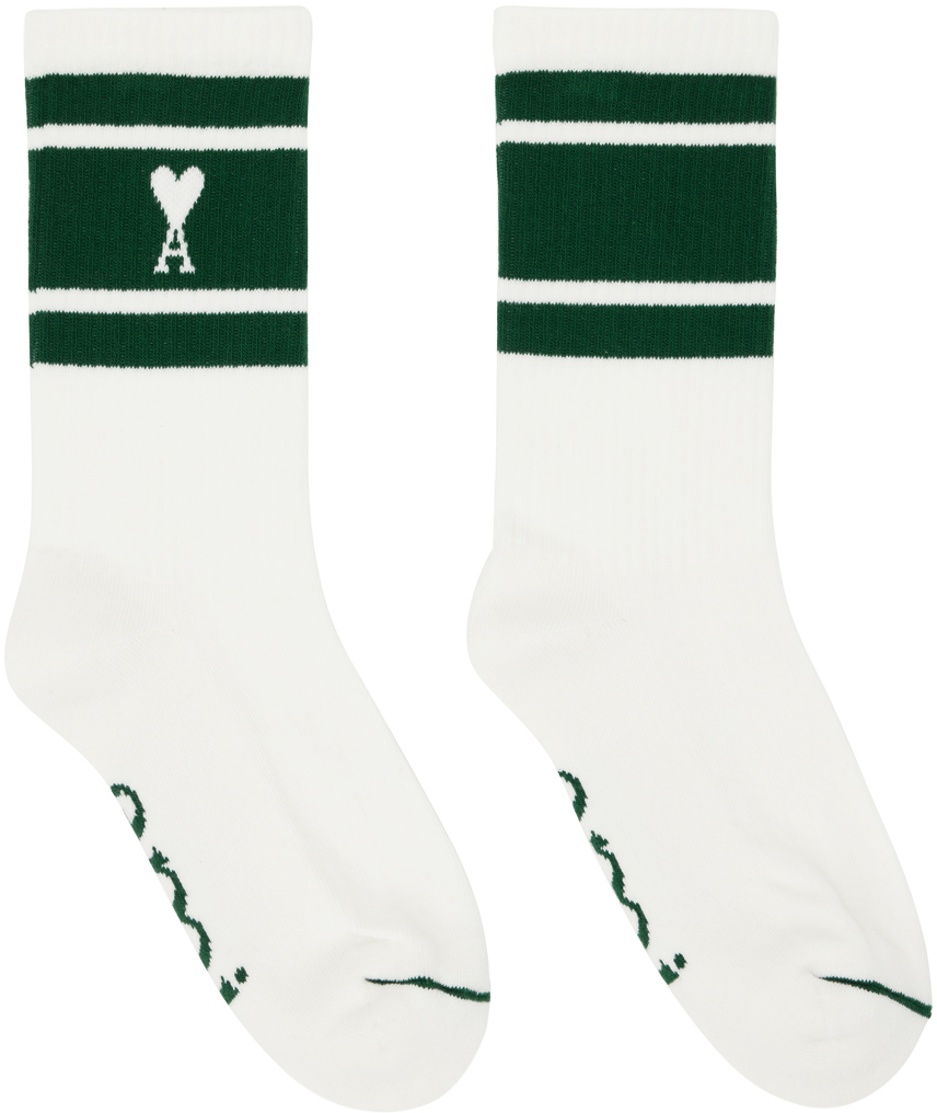 Ami Alexandre Mattiussi White & Green Ami De Cœur Striped Socks In Bottle Green/312