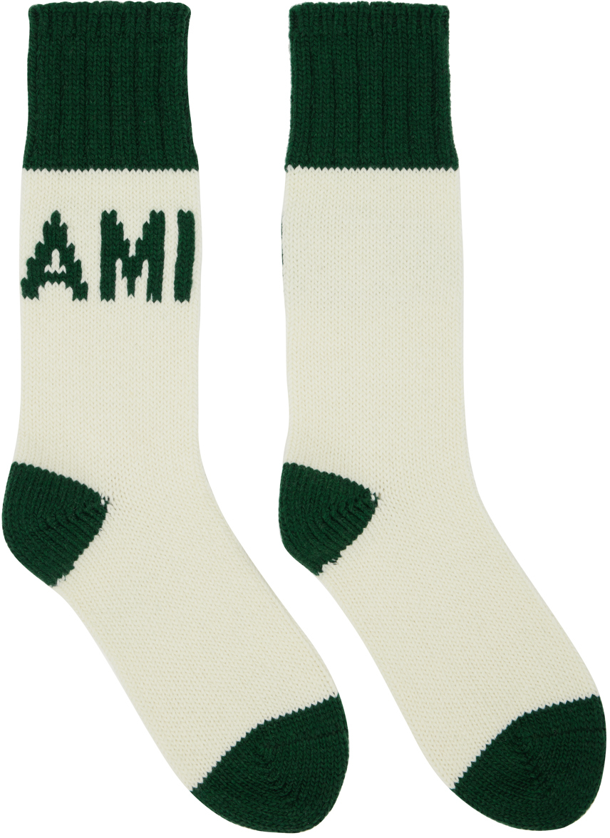 AMI Paris Off-White & Green Logo Socks
