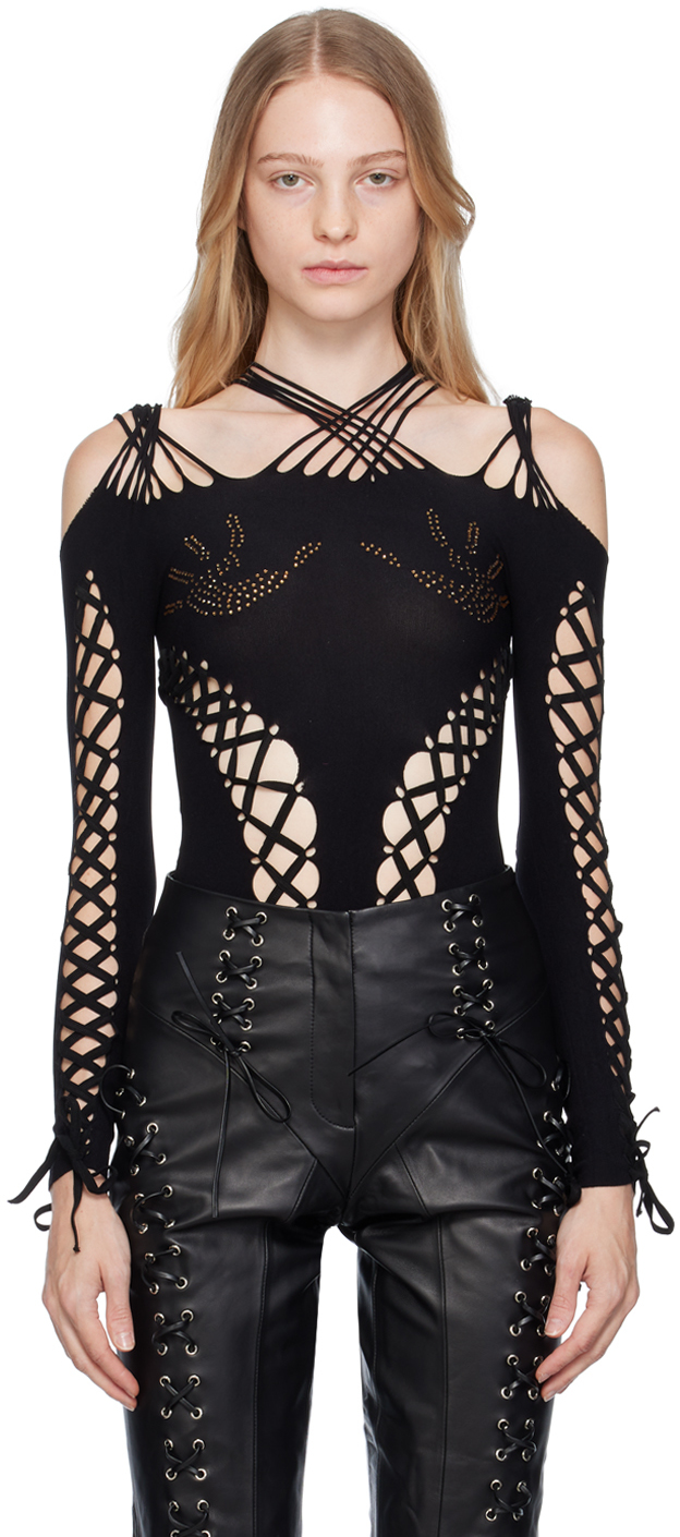 Black Lace-Up Bodysuit by Sinead Gorey on Sale