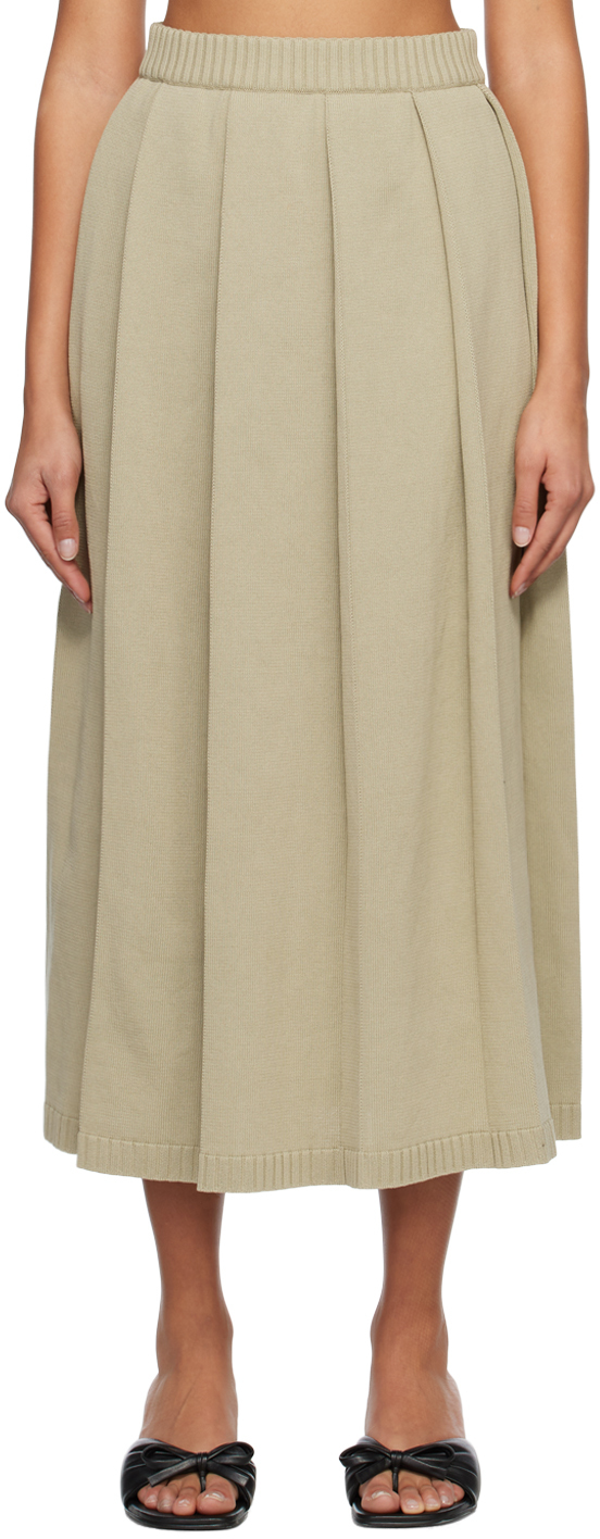 Shop Auralee Beige Pleated Midi Skirt In Khaki Beige
