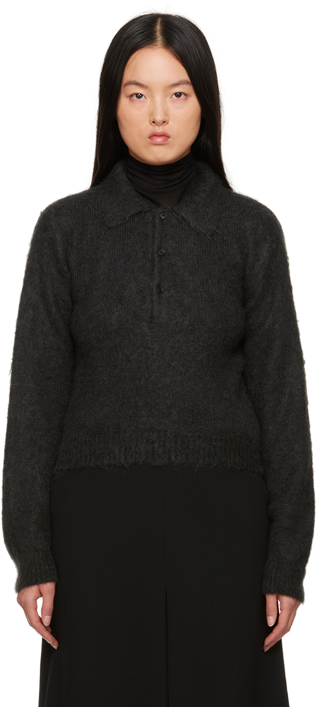 Shop Auralee Gray Spread Collar Long Sleeve Polo In Ink Black
