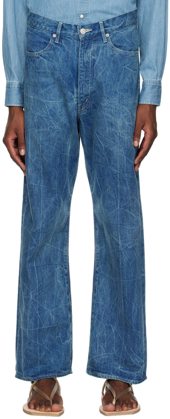 Shop Auralee Blue Faded Denim Jeans In Effect Indigo