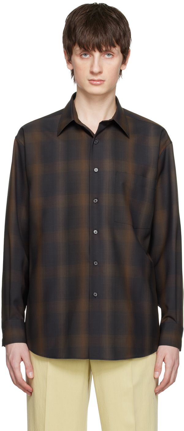 Auralee Checked Wool Shirt In Brown Black Check