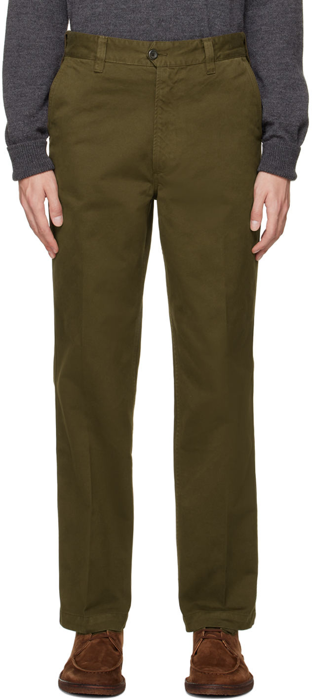 Drake's Green Flat Front Trousers In 400 Olive