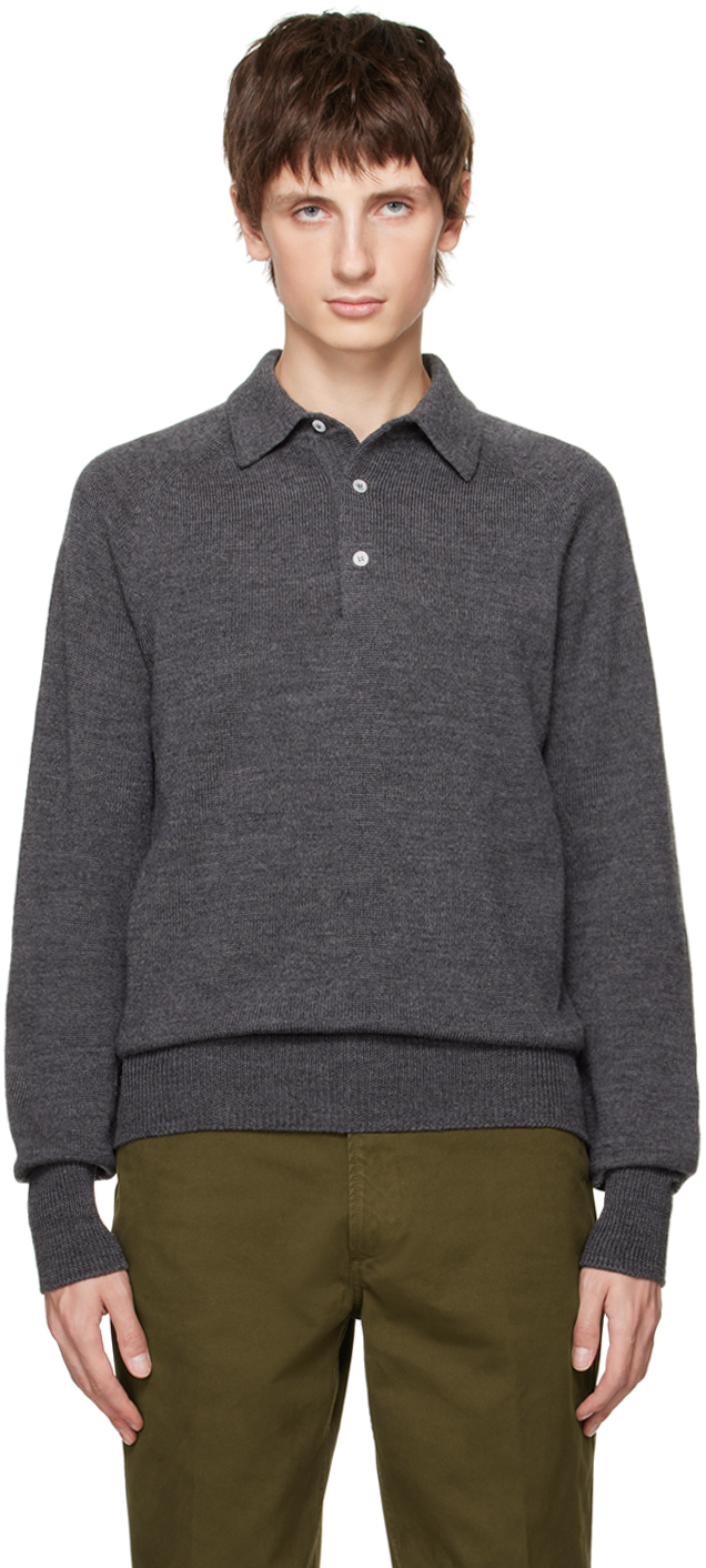 Drake's Gray Spread Collar Polo In 600 Grey