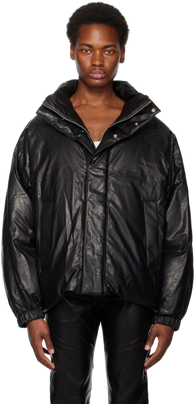 Black Zip Faux-Leather Down Jacket
