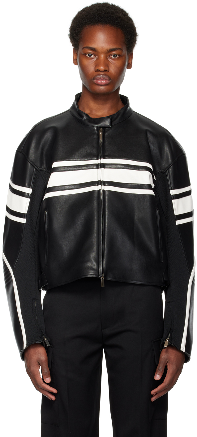 System Blouson noir et blanc en cuir rayures SSENSE France