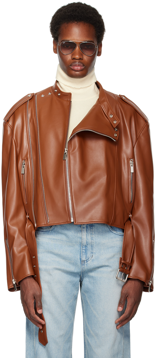 System Brown Cropped Leather Jacket In Brick