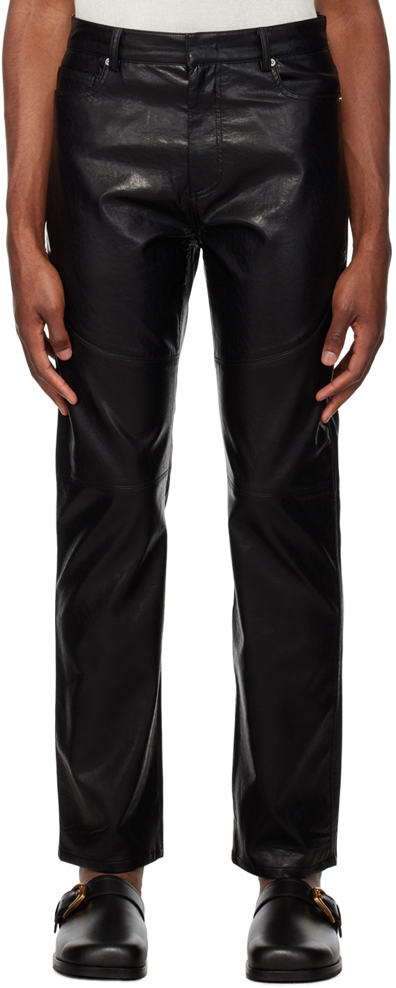 Black Paneled Faux-Leather Trousers by System on Sale