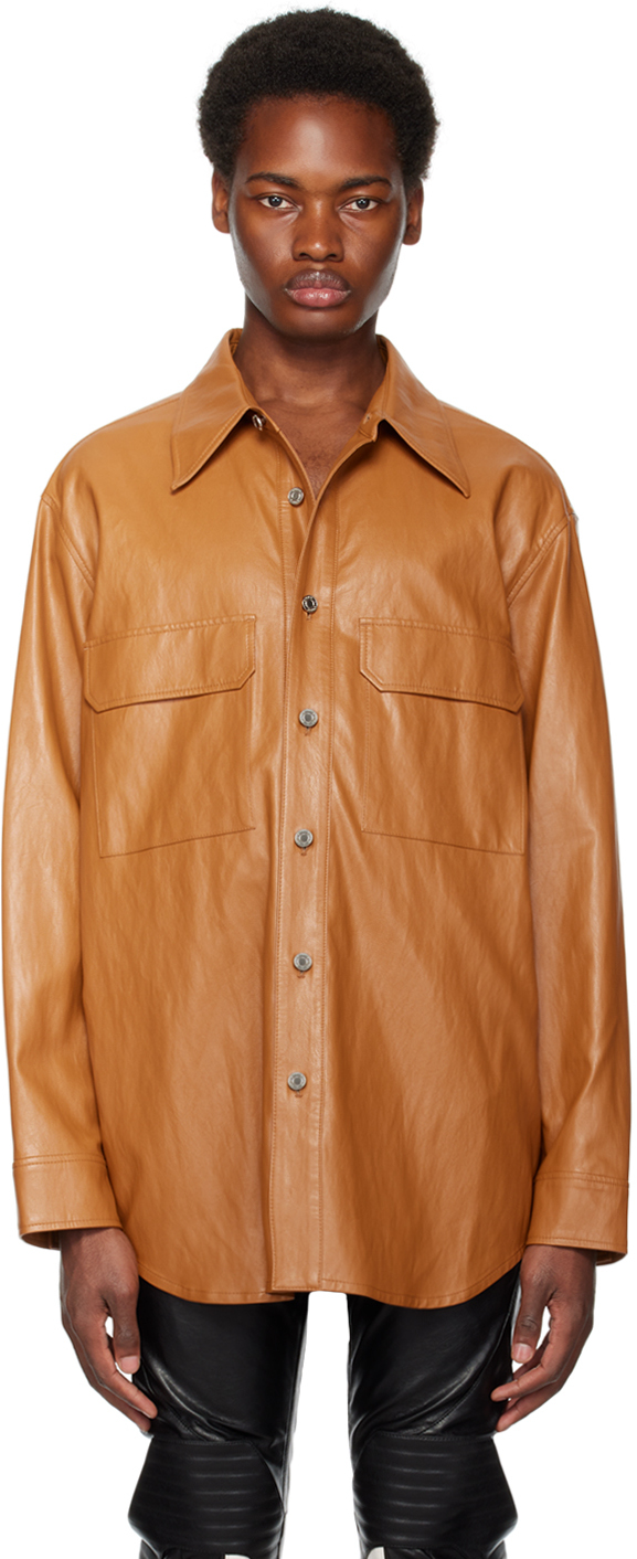 System Tan Flap Pocket Faux-leather Shirt In Camel