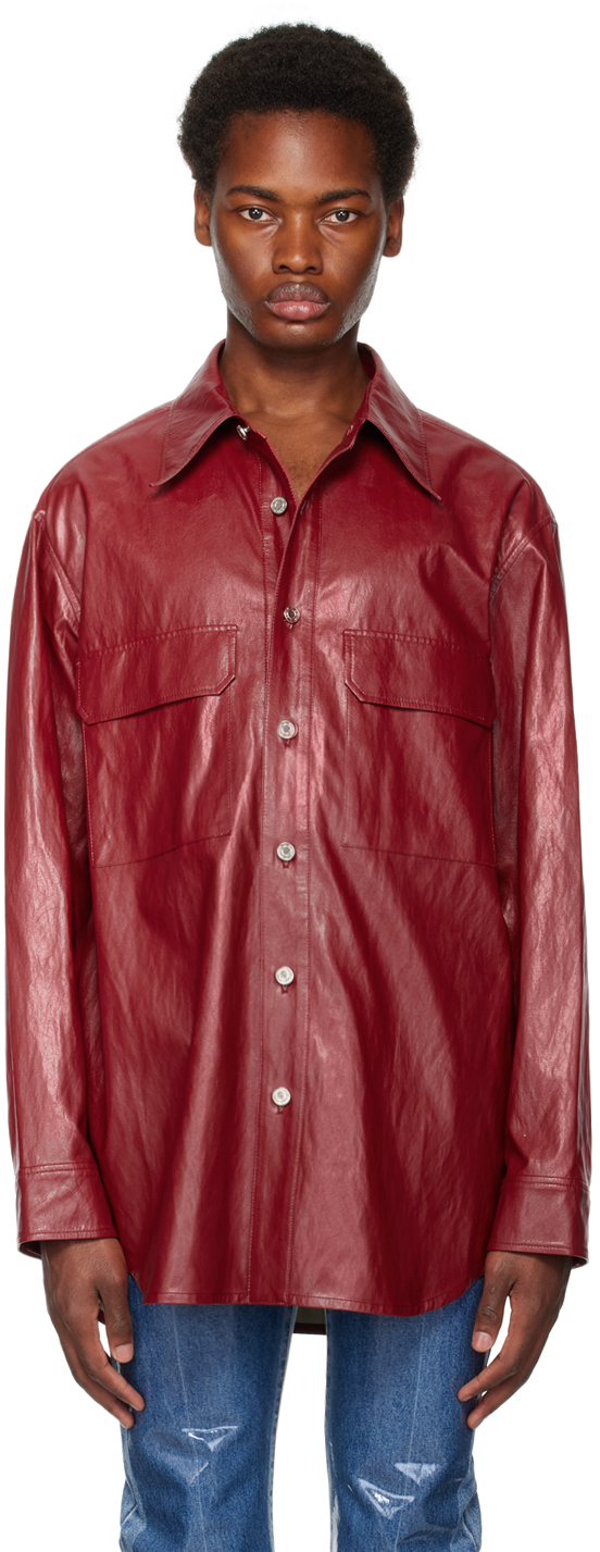System Red Flap Pocket Faux-leather Shirt In Dark Red