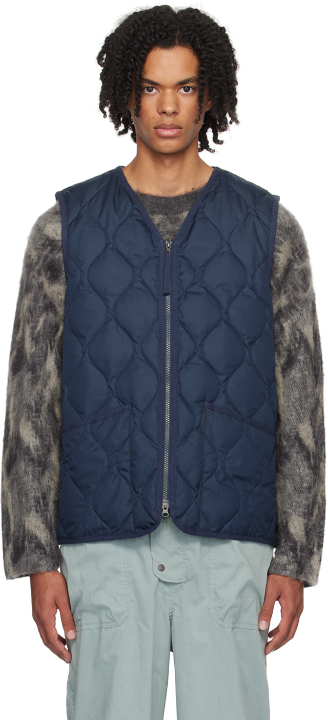 Navy V-Neck Down Vest by TAION on Sale