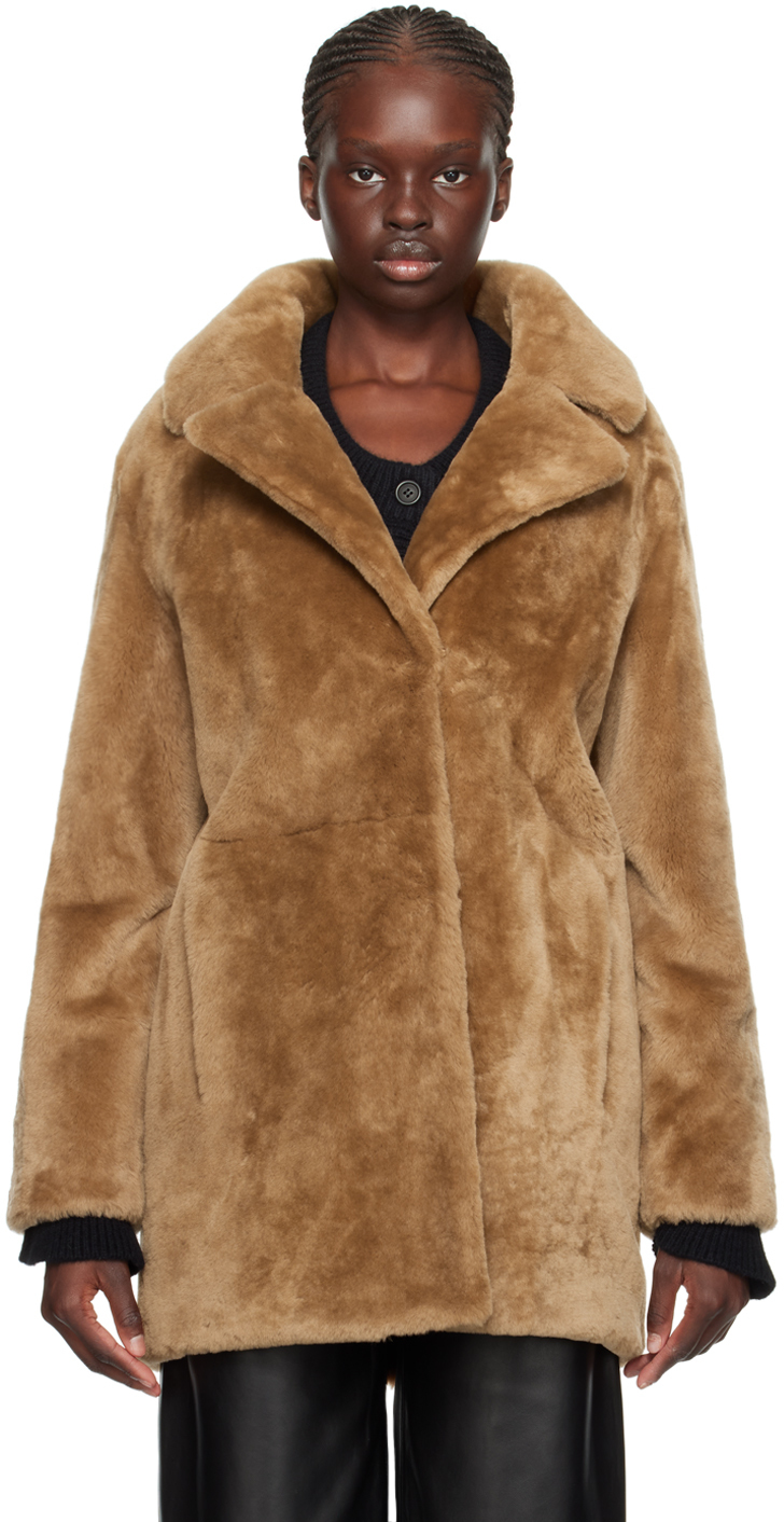 Yves Salomon Brown Notched Lapel Shearling Coat In A2189 Ble
