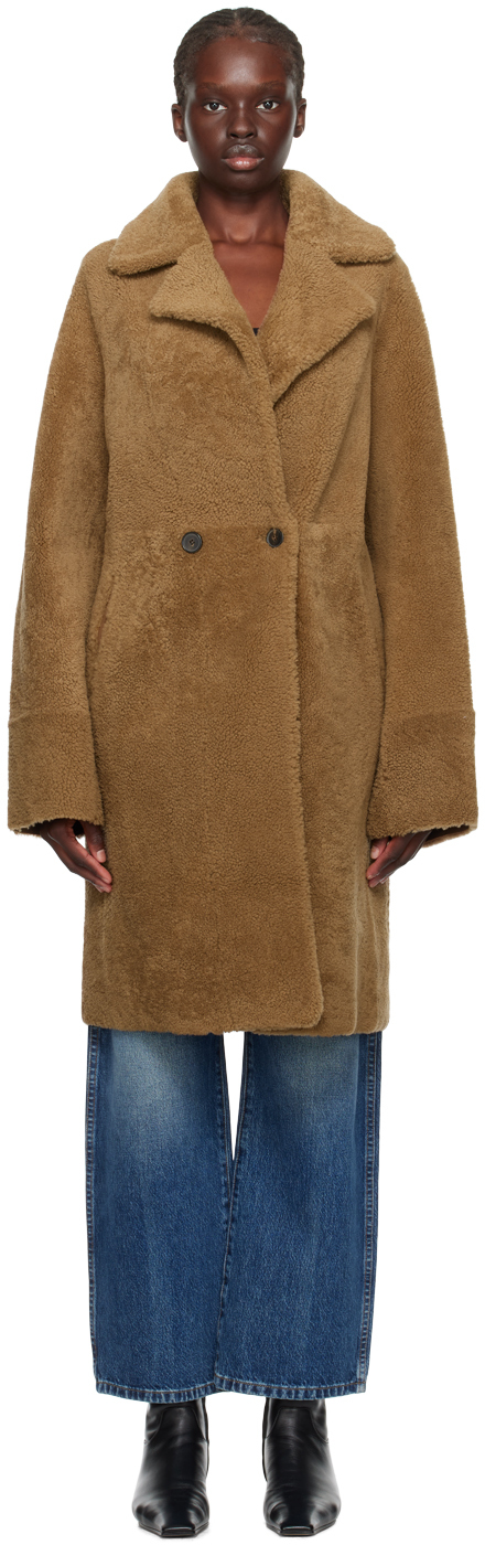 Yves Salomon Brown Double-breasted Reversible Shearling Coat In A2189 Ble