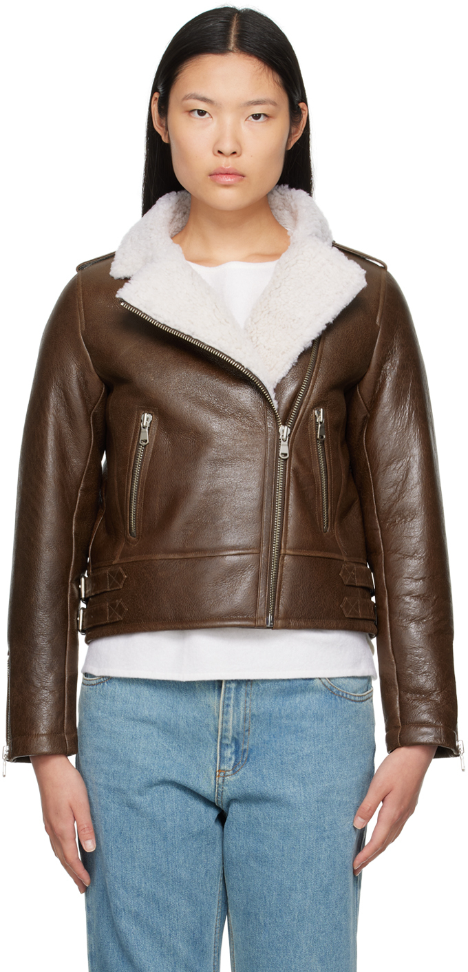 Shop Yves Salomon Brown Zip Leather Jacket In B2990 Cognac/ivoire