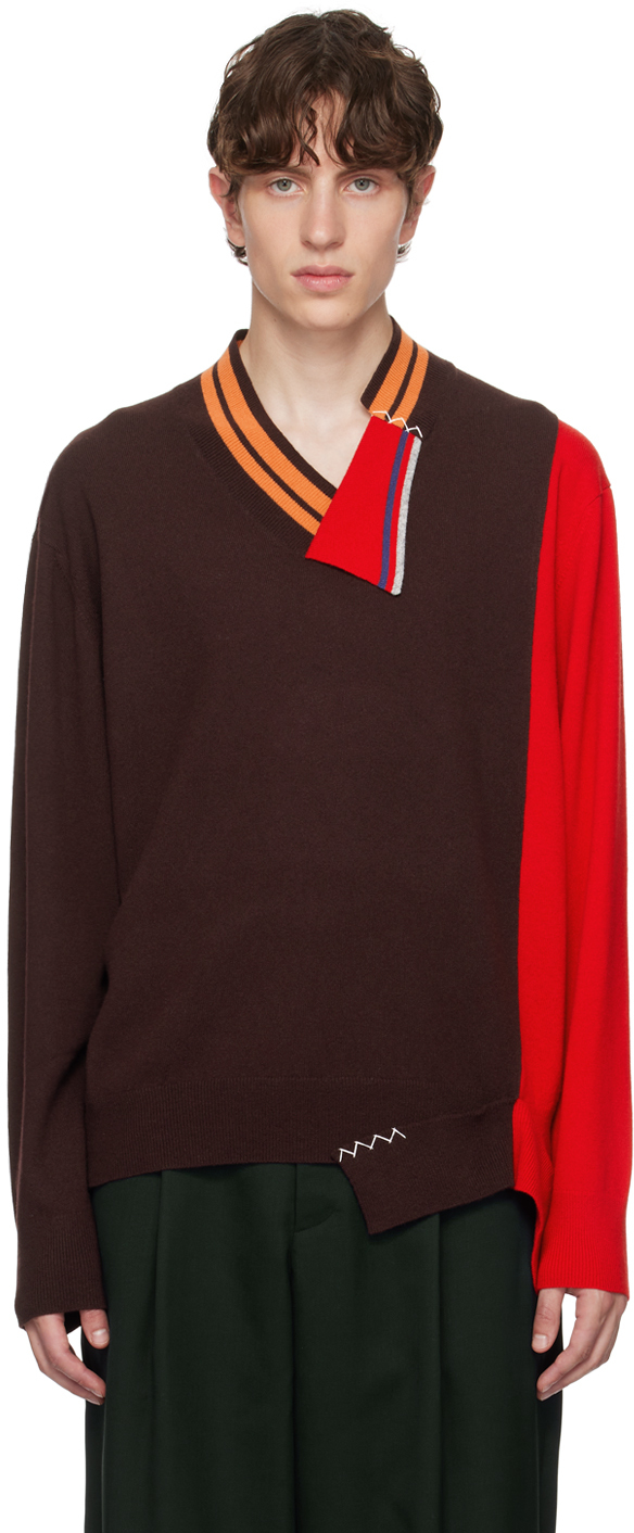 Brown & Red Paneled Sweater