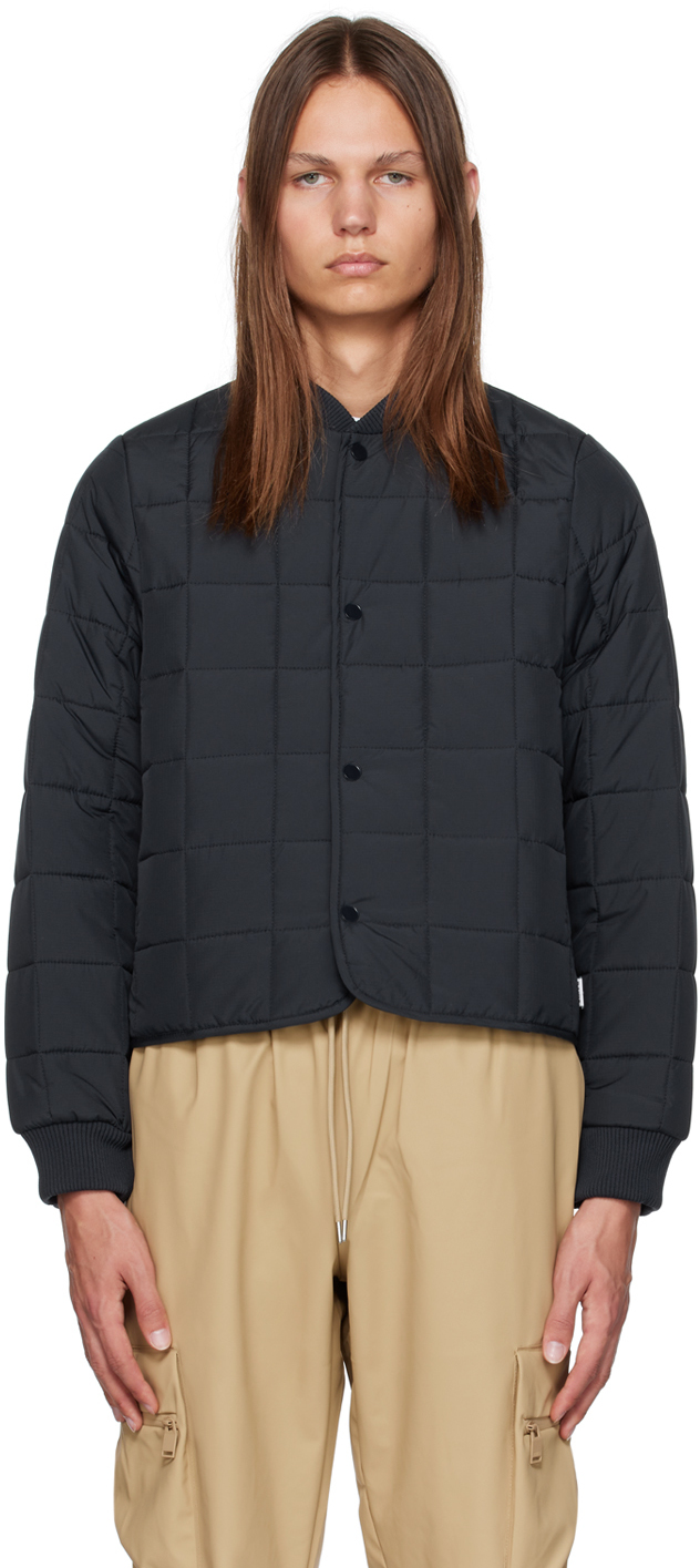 Shop Rains Navy Quilted Bomber Jacket