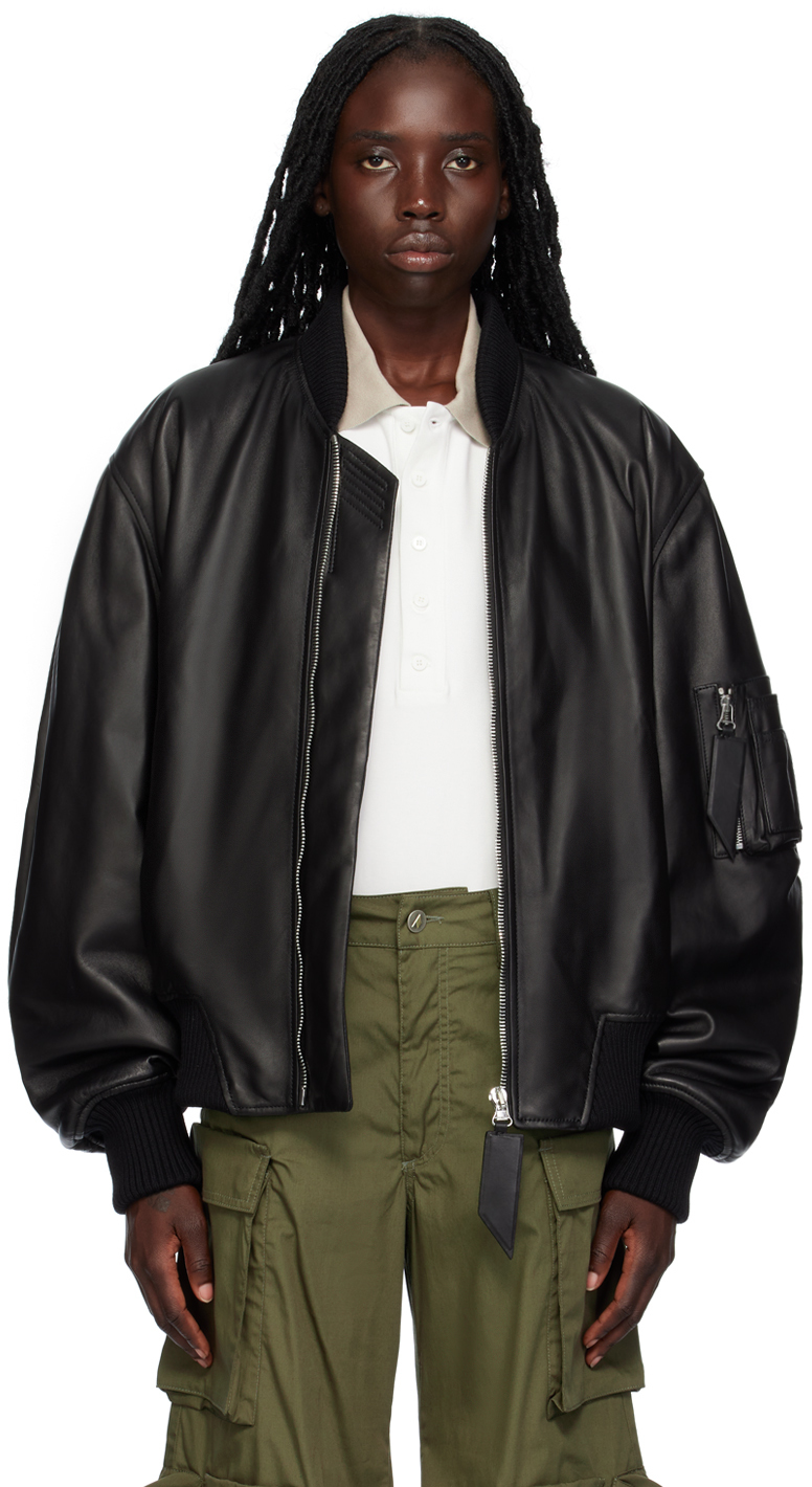 The Attico Black Anja Leather Bomber Jacket