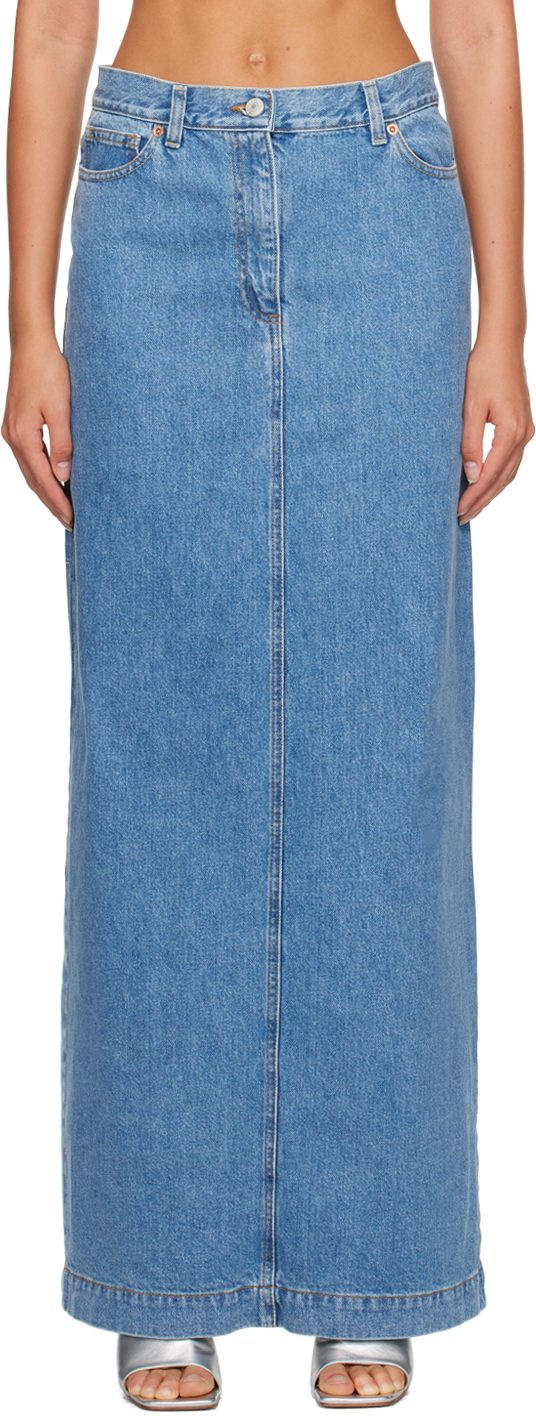 Blue Split Denim Maxi Skirt