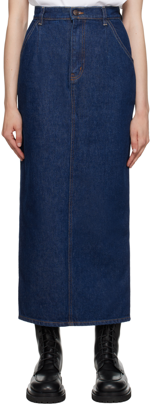 Blue Vented Denim Maxi Skirt