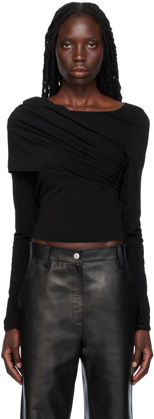 Black Asymmetrical Ruched Long Sleeve T-Shirt