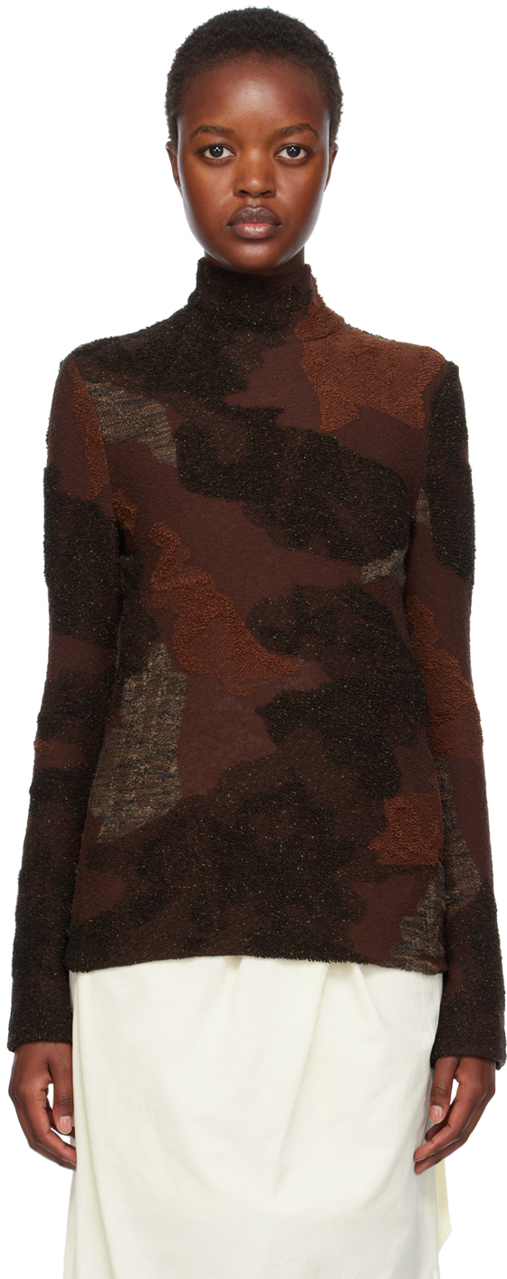 Brown Open Knit Turtleneck by Mame Kurogouchi on Sale