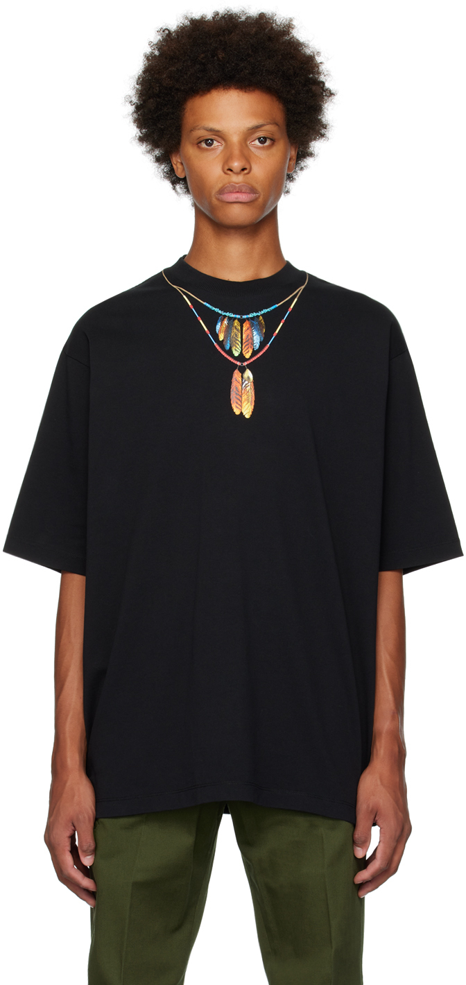 Shop Marcelo Burlon County Of Milan Black Feathers Necklace T-shirt In Black/red
