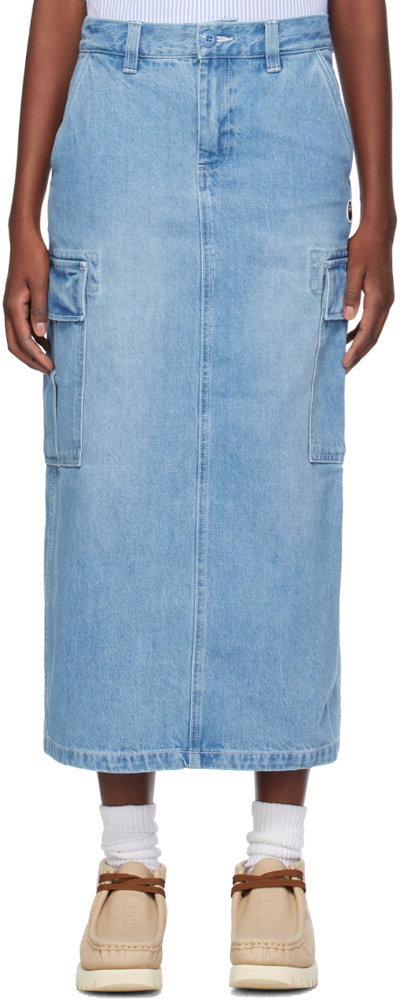 Indigo Patch Denim Cargo Midi Skirt