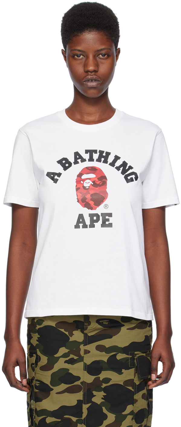 Bape White College T-shirt In White X Red