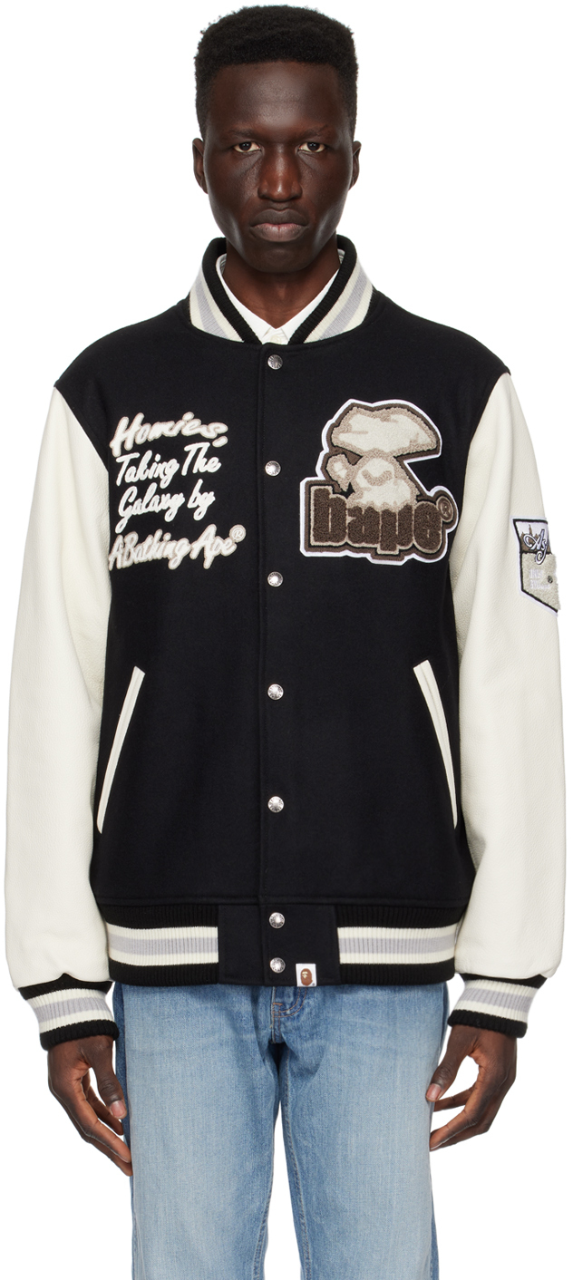 Shop Bape Black & White Varsity Bomber Jacket