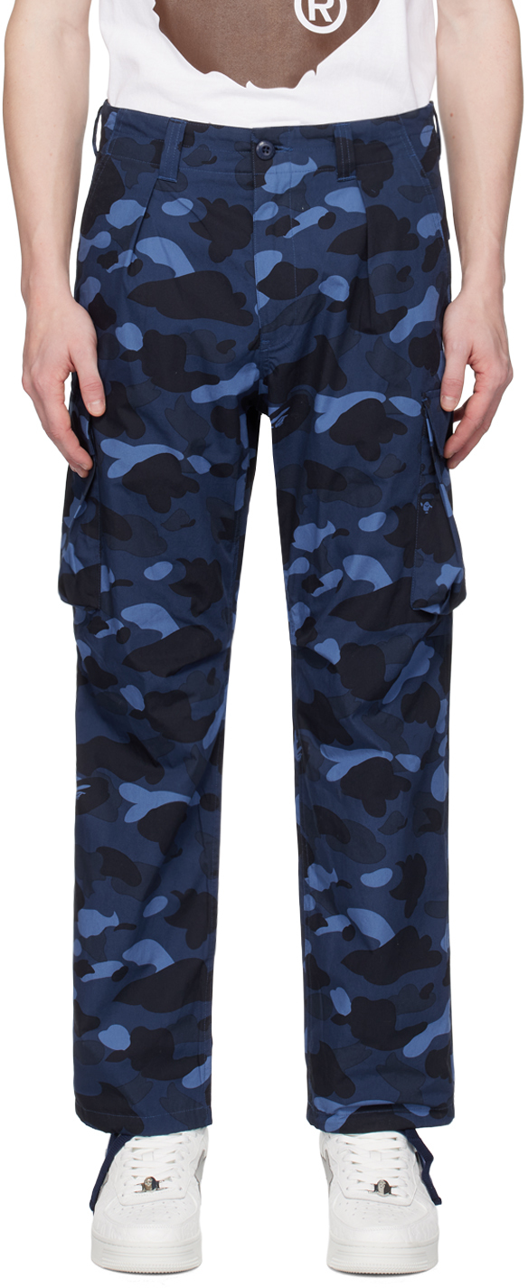 Bape Blue Color Camo Cargo Pants In Navy