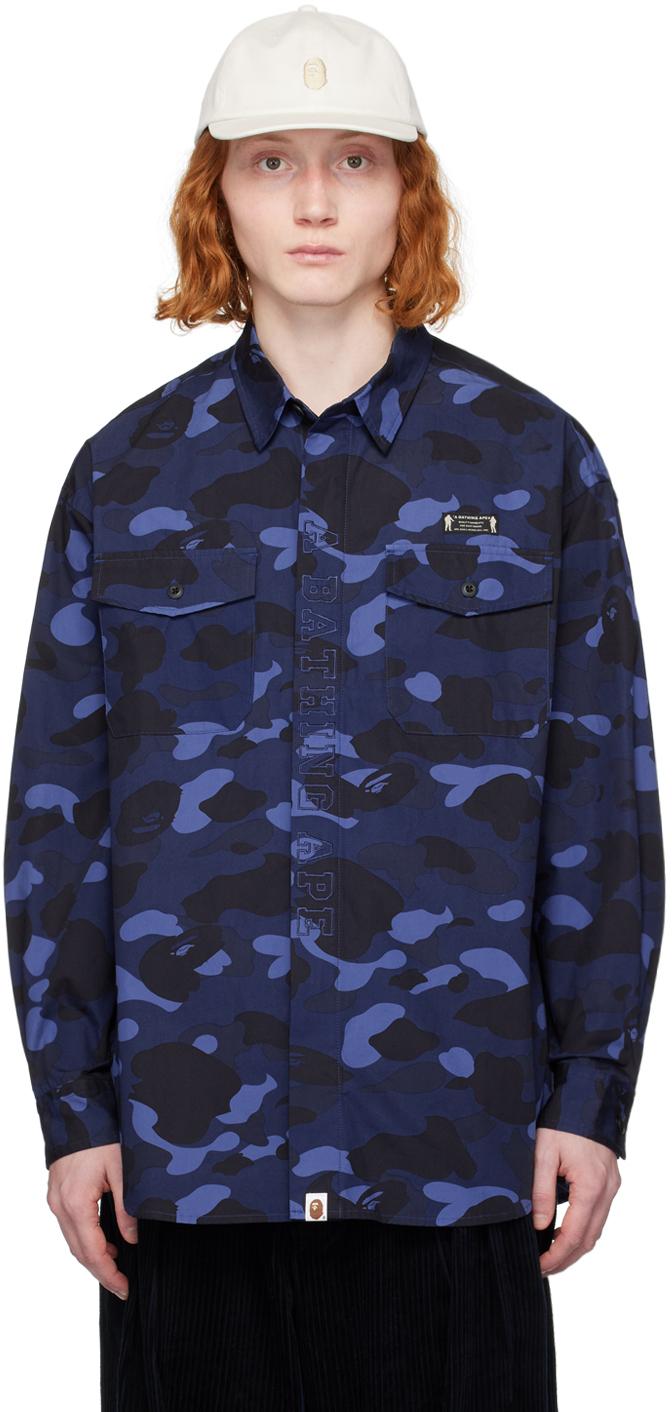 Bape Blue Color Camo Cpo Shirt In Navy