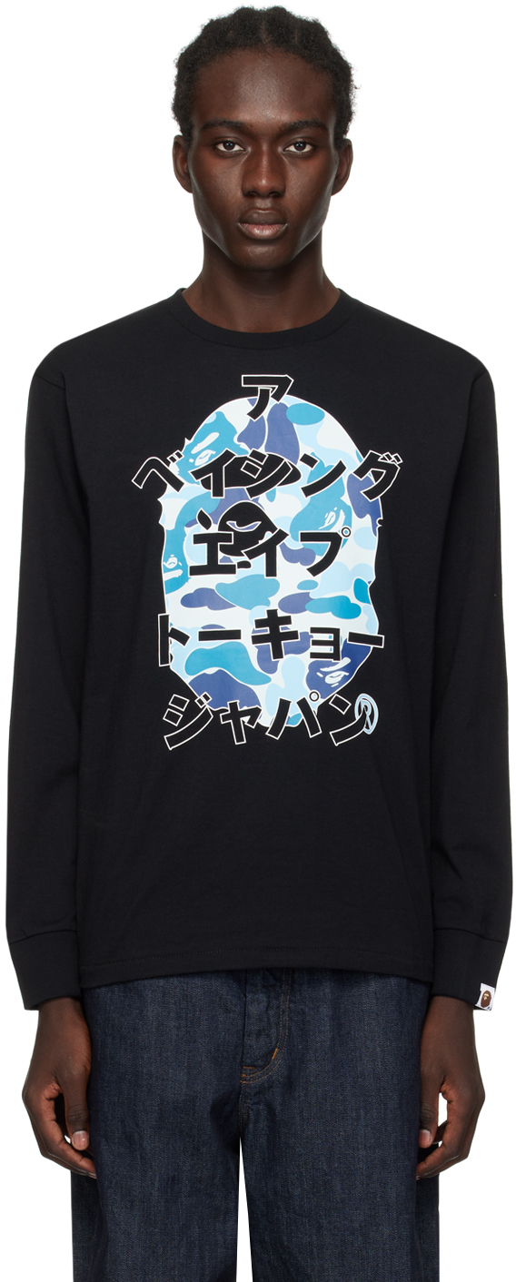 Bape Black Abc Camo Japanese Letters Long Sleeve T-shirt In Black X Blue