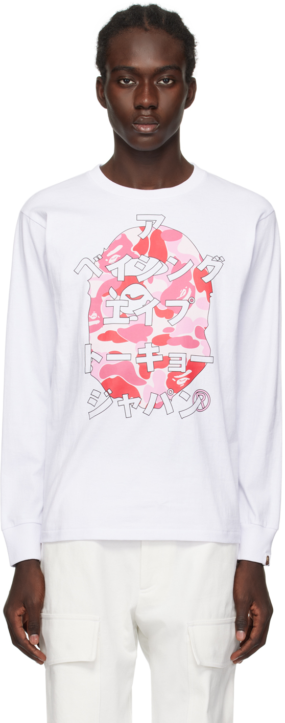 Bape White Abc Camo Japanese Letters Long Sleeve T-shirt In White X Pink