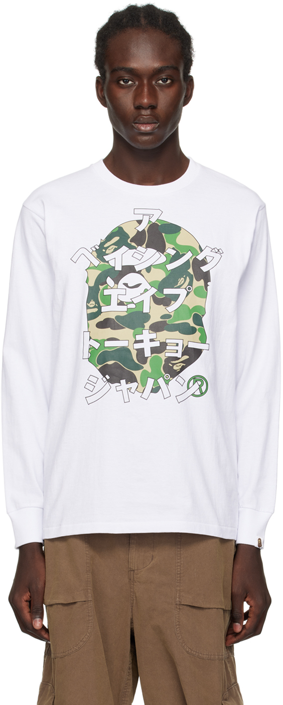 Bape White Abc Camo Japanese Letters Long Sleeve T-shirt In White X Green