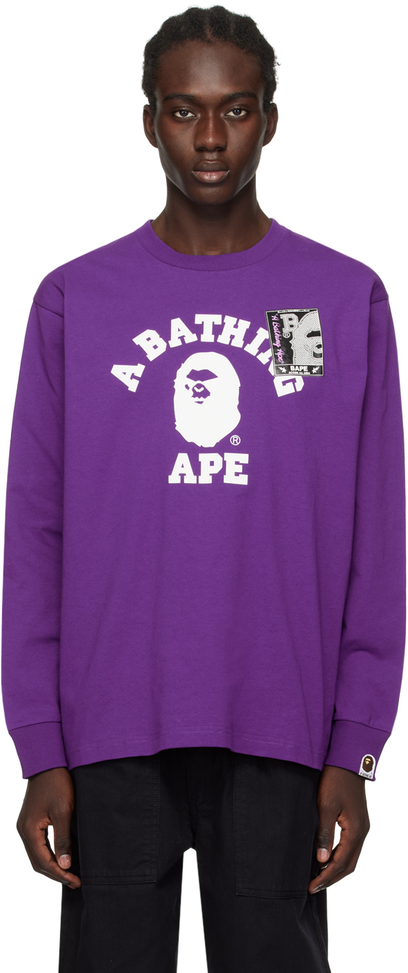 BAPE: Purple Mad Face College Long Sleeve T-Shirt | SSENSE Canada